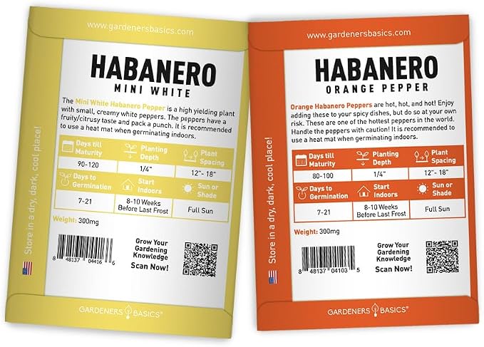 Gardeners Basics, Habanero Pepper Seeds for Planting - 5 Varieties Pack Hot Pepper Seeds, Red, Orange, Yellow, Chocolate, White Habanero Seeds Non GMO, Heirloom Garden Seeds