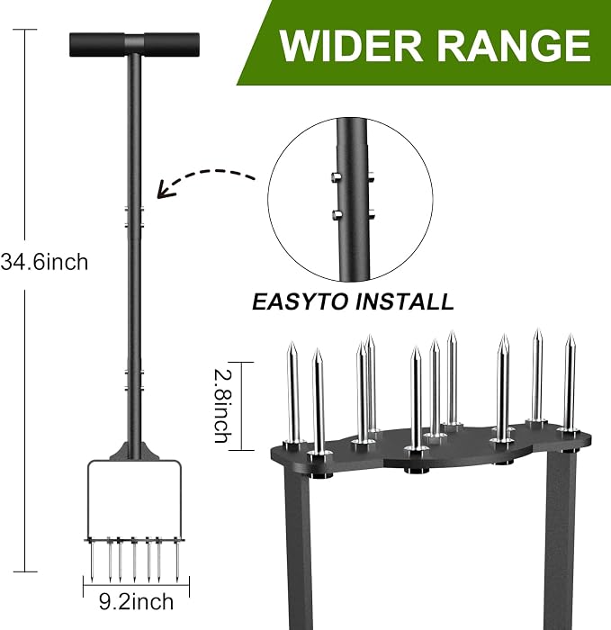 Manual Lawn Aerator Tool with 11 Steel Spikes, Easy Step-On Soil Aerator for Yard & Garden, Heavy Duty Lawn Spike Aerator with Foot Bar & T-Handle, Improve Drainage & Thicker Grass
