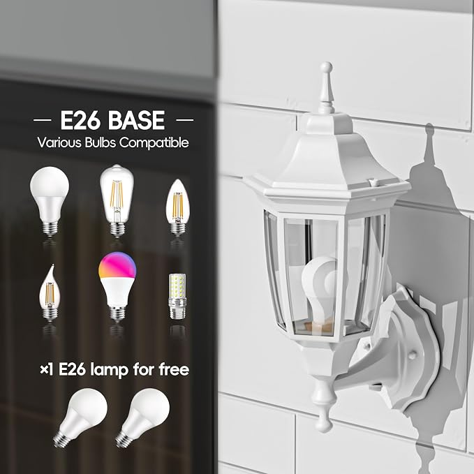 EMART Dusk to Dawn Outdoor Porch Light, Exterior Anti-Corrosion, Waterproof Aluminum & Glass Shades Wall Lamp Fixture, Modern Sconce Lantern for Yard, House, Garage - 1 Pack, White （Bulb Included）