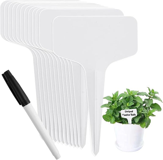 Oligei Plant Labels 120 PCS, T-Type Plant Tags with Marking Pen, 6 x 10 CM White Plastic Plant Markers for Nursery, Garden, Seedlings, Flower Vegetables, Herb