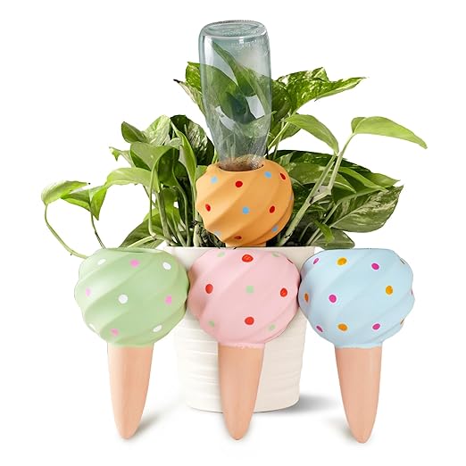 Joyeee Automatic Plant Watering Spikes 4 Pack, 210ML Terracotta Self-Watering Stakes, Vacation Plant Waterer for Potted Plants, Drip Irrigation Devices with 4 Colors Sea Spiral Design for Home Garden