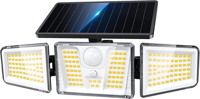 KOOPER Solar Flood Lights, 210 LED Motion Sensor Outdoor Lights, Solar Motion Lights Outdoor Waterproof, 3 Heads 300° Wide Angle Outdoor Security Lights for Yard Patio Garage Entryways, 1 Pack, Black