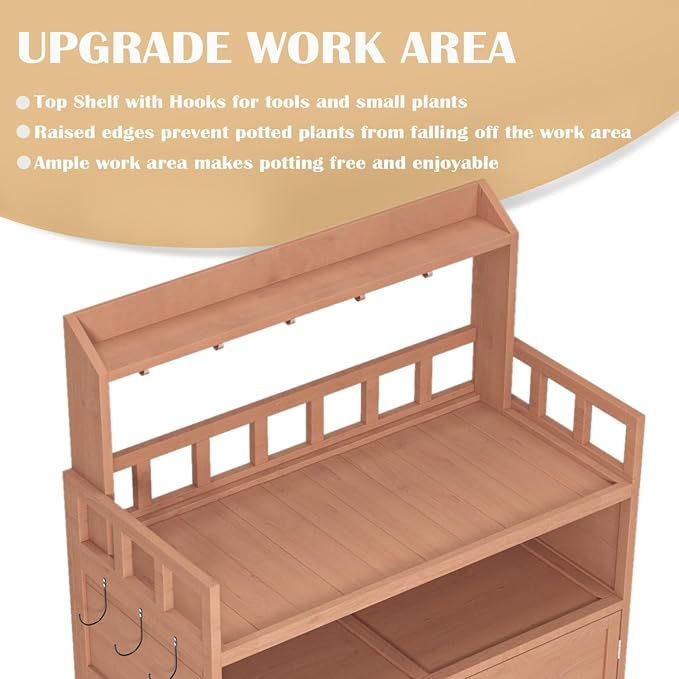 Outdoor Potting Bench with Storage,Wood Gardening Table for Planting,Outside Patio Garden Work Tables with Large Storage Cabinet & Top Shelf