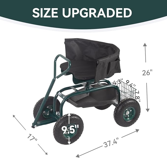 Rolling Garden Cart - Outdoor Workseat with Seat Cushions and Wheels, Heavy Duty Garden Tool Cart with Storage Bracket and Tool Tray for Yard, Planting Gardening Work (Green)