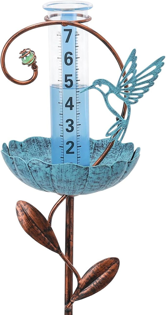 WONDER GARDEN Rain Gauge Outdoor, Decorative Hummingbird Rain Gauges Outdoors Best Rated, Freeze Proof Glass Water Rain Measure Gauge with Bird Feeder for Yard Patio Lawn Decor