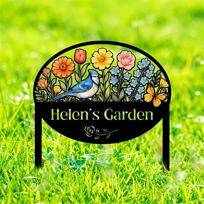 Personalized Metal Yard Sign for Mother's Day, Bird & Flower Design, Gift for Garden Lovers, Metal Sign, Garden Decor (Blue Jay)