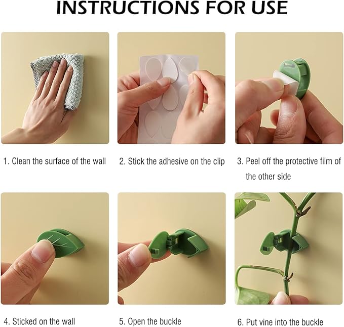 LUCKJUJU 60 Pcs Plant Climbing Wall Fixture Clips Self-Adhesive Hook Vines Traction Clips Invisible Holder Garden Green Leaf Simulation Self-Adhesive Hook Wire Fixing Supporting