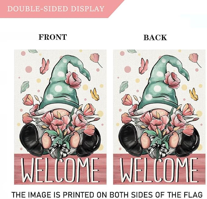 Spring Welcome House Flag 28 x 40 Inch Gnome with Floral Decorative Double Sided Burlap Flag For Seasonal Farmhouse Yard Outdoor Decor