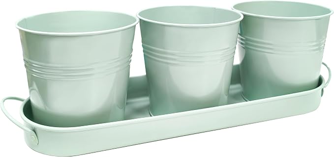 TCBWFY Indoor Herb Garden Planter Set - 3 Pack 4.7" Green Metal Plant Pots with Drainage Holes & Removable Tray - Windowsill Kitchen Counter Balcony Office Garden