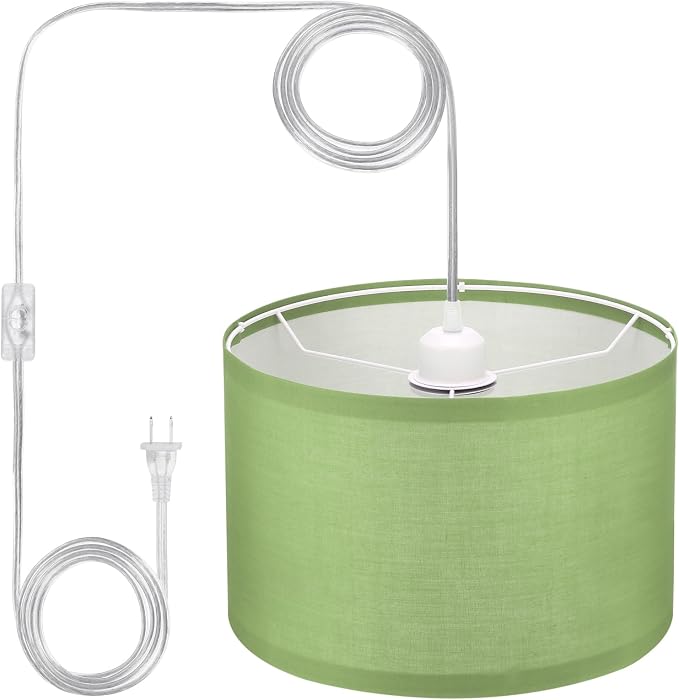 PATIKIL Plug in Pendant Light, 15Ft Rope Cord Hanging Lamp Fixture with ON/Off Switch, Linen Fabric Shade E26/E27 Bulb Socket for Bedroom Kitchen Living Room, Light Green