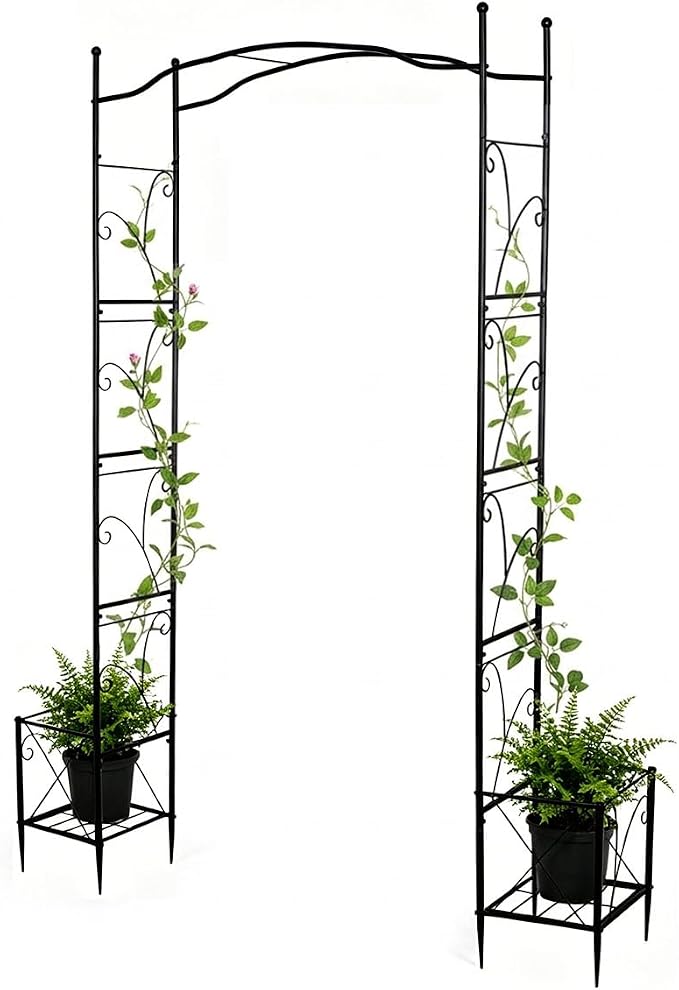 93" Garden Arched Arbor with Planters Outdoor Metal Garden Trellis Flat Top | Arch Trellises for Climbing Plants Vegetables Rose Vine Garden Archway for Backyard Patio Lawn Wedding Party Decoration