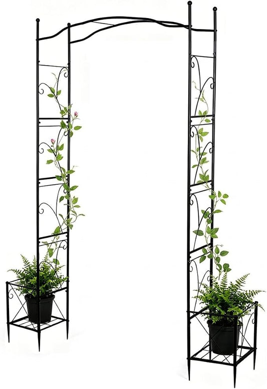 93" Garden Arched Arbor with Planters Outdoor Metal Garden Trellis Flat Top | Arch Trellises for Climbing Plants Vegetables Rose Vine Garden Archway for Backyard Patio Lawn Wedding Party Decoration