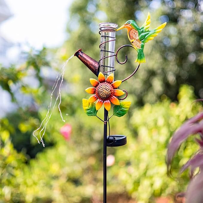 Stargarden Rain Gauge Outdoor-36 Inch Hummingbird Solar Rain Gauge with 6” Glass Tube for Yard Garden Patio Lawn
