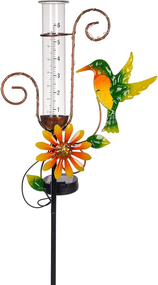 Stargarden Hummingbird Rain Gauge Outdoor,Metal Solar Rain Gauge Decorative Waterproof for Yard Garden Patio Lawn