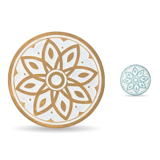 2 Pack Geometric Stepping Stones, 10” Round Cement Garden Path Stones, Mandala Mosaic Tile Design for Outdoor Patio Decor, Non-Slip & Weather-Resistant (Beige)