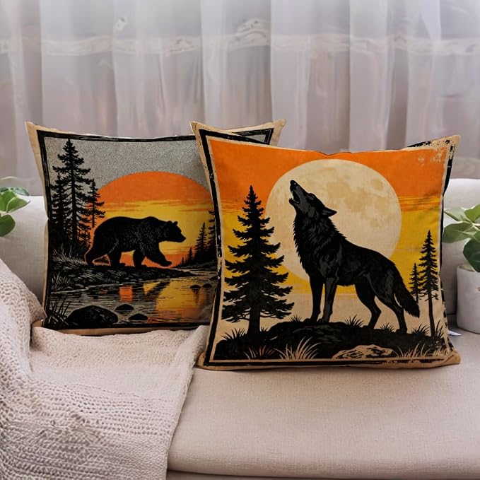 Vintage Wildlife Animal Pillow Covers 18x18 Inch Set of 4, Bear Moose Wolf Cabin Decor Throw Pillow Cases,Farmhouse Rustic Forest Sunset Cushion Covers for Living Room Sofa Lodge Home Decor(Brown)