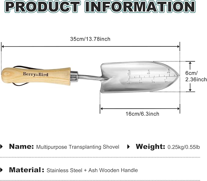 Berry&Bird 4" Measuring Transplanting Trowel, Stainless Steel Garden Hand Shovel with Ash Wood Handle & Leather Hanging Loop, Heavy Duty Gardening Tool for Digging, Planting, Potting & Loosening Soil