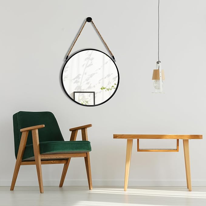 POZINO Round Hanging Mirror with Rope, 15" Circle Wall Mirror with Black Metal Frame, Farmhouse Decorative Mirror for Entryway, Living Room, Fireplace, Bedroom, Bathroom