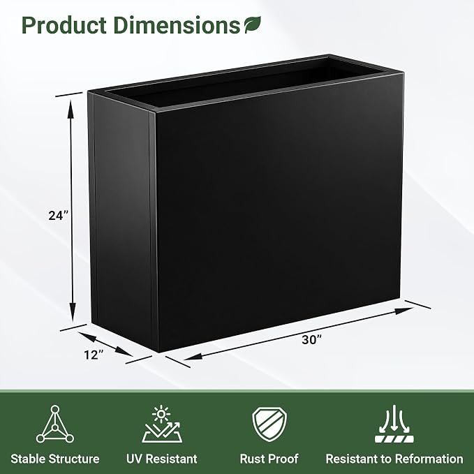 Metal Planter Box 30” x 12” x 24”, Heavy Duty Tall Rectangle Planter Box with with Drainage Holes & Rust-Proof Coating, Modern Outdoor/Indoor Black Planter Box for Porch, Garden, Patio, Yard