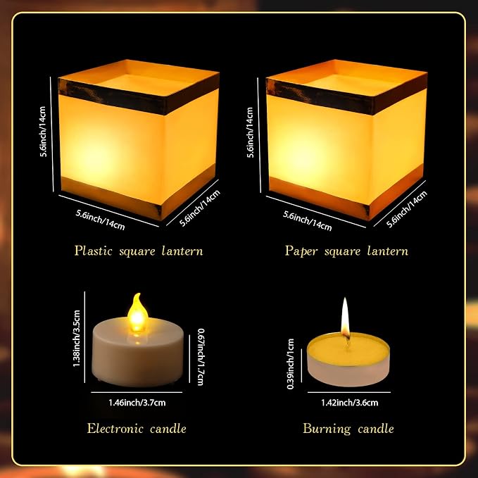 24Pack Paper Floating Water Lanterns,Gold+White Square Memorial LED Candle Lantern,Table Lanterns Decorative Outdoor for Weeding,Lawn,Pool ,Wishing (24Pack Plastic Lanterns with LED Candles)