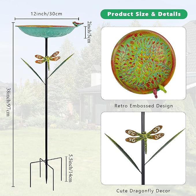 VEWOGARDEN 38" Tall Metal Bird Bath for Outside, Outdoor Bird Bath Feeder with Stable Stake for Garden, Yard, Patio Decor, Blue-Green