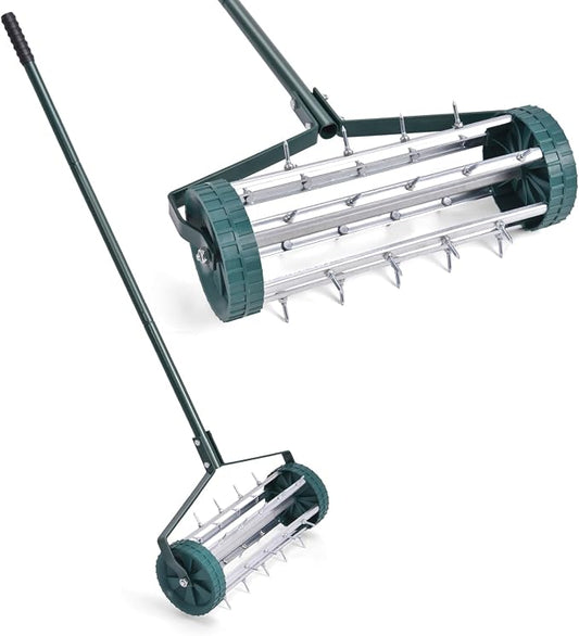 GYMAX Lawn Aerator, 17inch Heavy Duty Rolling Aerator with Sharp Spikes & Anti-Slip Handle, Push Grass Aerator for Lawn, Garden, Yard, Manual Aerator Tool (Basic)