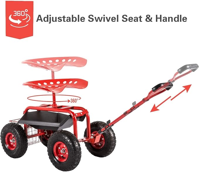 Adjustable Garden Cart, Red, 360 Degree Swivel Seat, Durable Steel Frame, Waterproof, Adjustable Handle, Tool Tray, Mobility