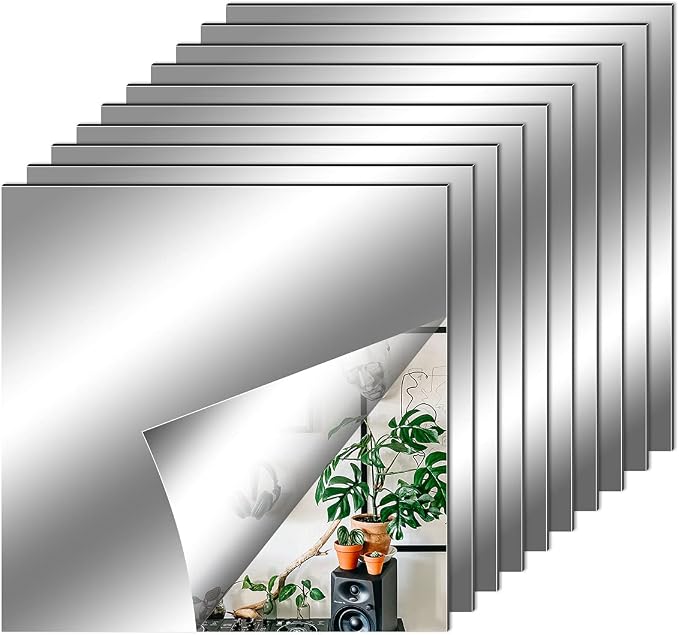 Fantasyon 10 Pieces Flexible Mirror Sheets, Self Adhesive Decorative Plastic Mirror Tiles Non-Glass Mirror Stickers for School Educational and Home Wall Decor(10x10 Inch)