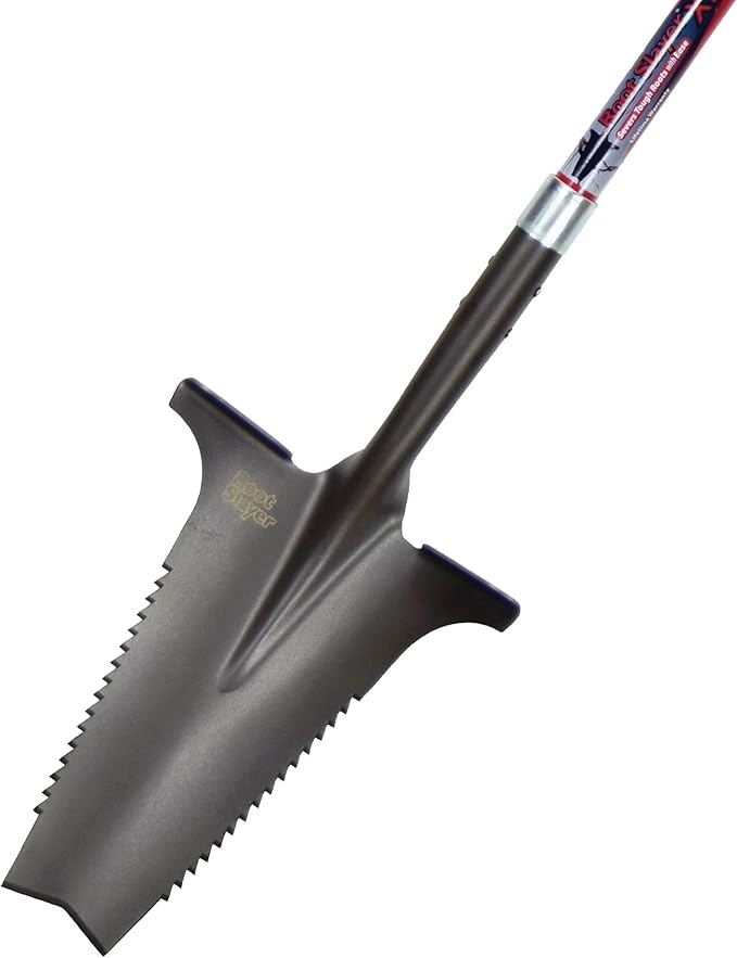 Root Slayer 22511 XL Garden Shovel with Serrated Blade for Digging and Root Cutting, Fiberglass Shaft, Heavy Duty Steel Spade, Red