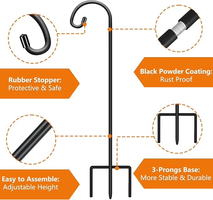 Gtongoko 32 Inch Shepherd Hooks for Outdoor 8 Pack, Adjustable Garden Hooks for Hanging Plants, Lanterns, Solar Lights, Mason Jars & Wedding Decor, Matte Black Decorative Shepherd’s Hooks