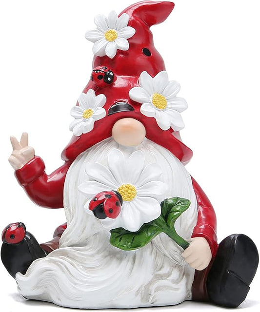 Hodao Spring Gnome Figurine Ladybug Decor, Cute Resin Garden Gnome with Floral Hat, Indoor Outdoor Home Decorations, Shelf Desk Ornament, Seasonal Gift for Family Friends Housewarming Birthday
