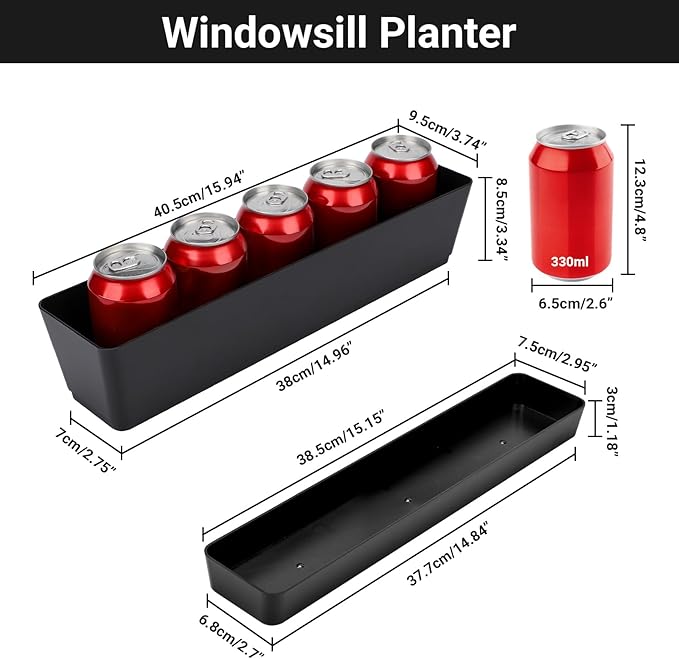 GREANER 3PCS 16x3.8 Inch Window Boxes Planters, Black Rectangle Planters Box with Drainage Holes and Trays, Herb Succulents Flowers Plastic Pot for Windowsill, Garden, Balcony, Indoor, Outdoor Decor