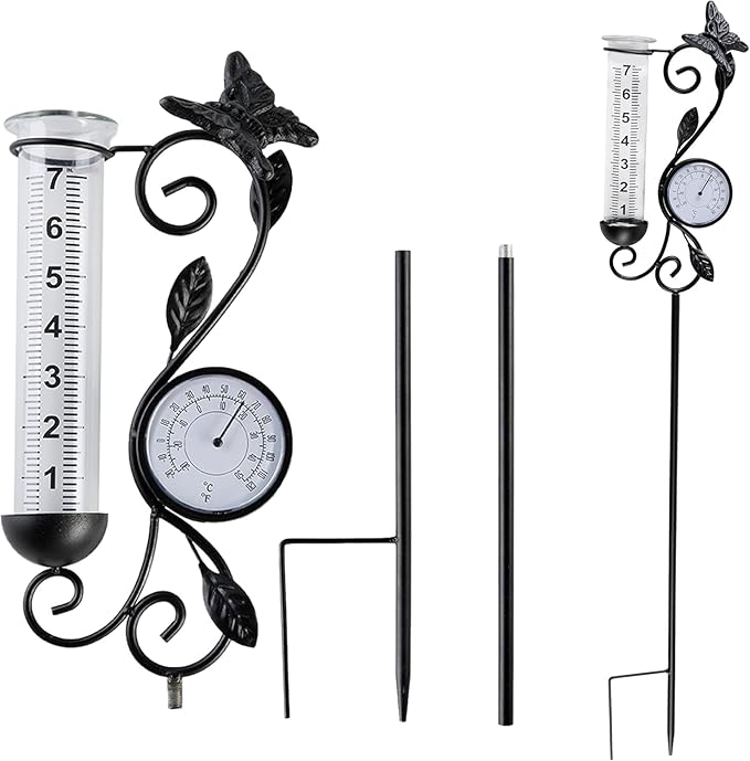 Rain Gauge Outdoor, Black Butterfly Rain Gauge with Thermometer for Measuring Precipitation, Garden Decoration,Yard Garden Patio Lawn (Black Butterfly)