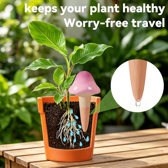 Yeswhat Self Watering Plant Spikes 4 Pack, Terracotta Mushroom Automatic Plant Waterer for Indoor Outdoor Plants, Slow Release Watering Stakes, Vacation Watering Devices for Potted Plants Garden Decor