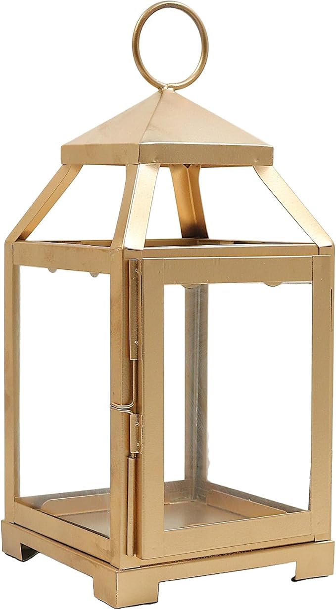 Hosley 12 Inch High Clear Glass and Iron Classic Style Lantern Ideal Gift for Festivities Parties Weddings Aromatherapy and Spa Settings-Gold
