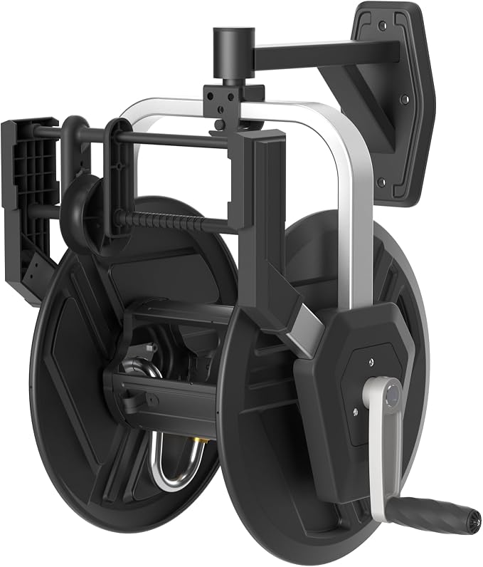 Giraffe Tools Garden Hose Reel Wall Mount, 125FT 5/8" Hose Capacity, Heavy Duty Water Hose Reel for Outside, Retractable Hose Guide with Crank, 210° Swivel, for Yard Lawn Garage