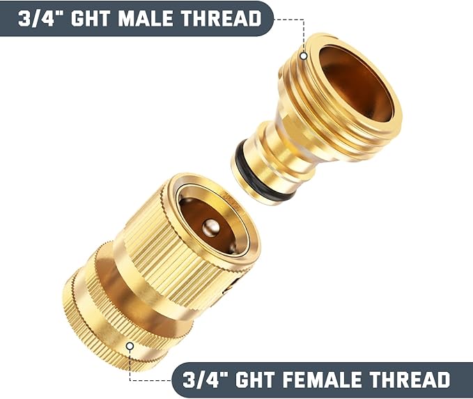 Kesfitt Garden Hose Quick Connect 3/4 Inch GHT Solid Brass Hose Connector Adapter Kit Fitting No-Leak Water Hose Female and Male Adapter (4 Sets)