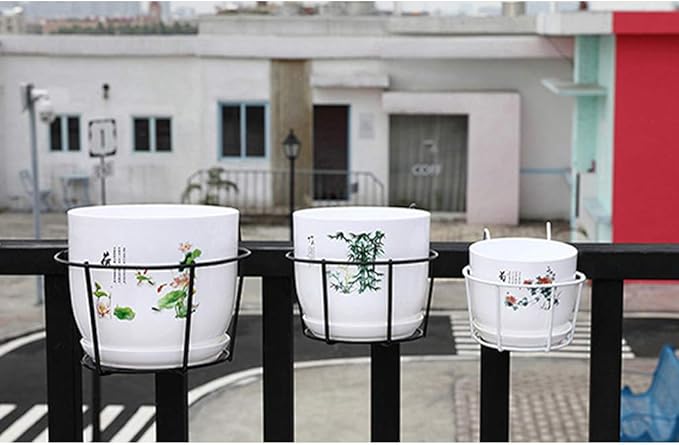 1 Pack Hanging Railing Planters Flower Pot Holders Plant Iron Racks Fence Metal Potted Stand Mounted Balcony Round Plant Baskets Shelf Container Box for Indoor and Outdoor Use-Black,Garden Steel Pots