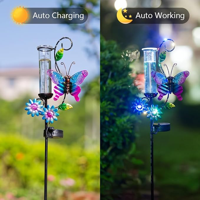 Butterfly Rain Gauge with 5 Inch Glass Tube, Solar Rain Gauge with LED Lights Rain Water Gauge Decor for Patio, Garden Yard, Measuring Precipitation