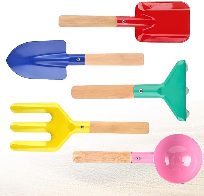 Beach Toys,5 Pcs Children Beach Sandbox Toys,8'' Kids Gardening Set Metal Garden Tools with Sturdy Wooden Handle,Safe Kids Shovel with Spoon, Fork, Rake, Flat Shovel & Pointed Shovel