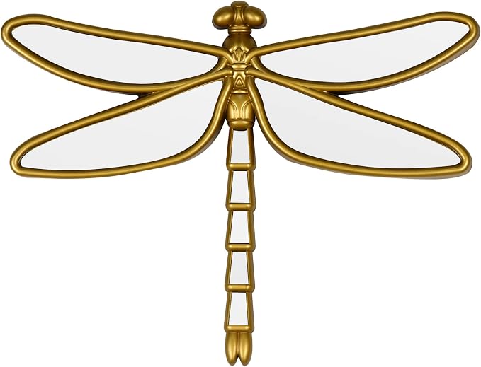 Decorative Golden Dragonfly Wall Mirror, Plastic Frame with Mirrored Wings (12.4 x 9.3 inches)