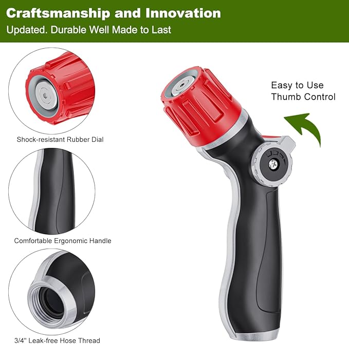 FANHAO Metal Thumb Control Adjustable Nozzle with 30% Higher Water Flow, Heavy Duty Garden Hose Nozzle High Pressure Water Nozzle, Adjustable Spray Patterns for Lawn Watering, Car Washing, Cleaning