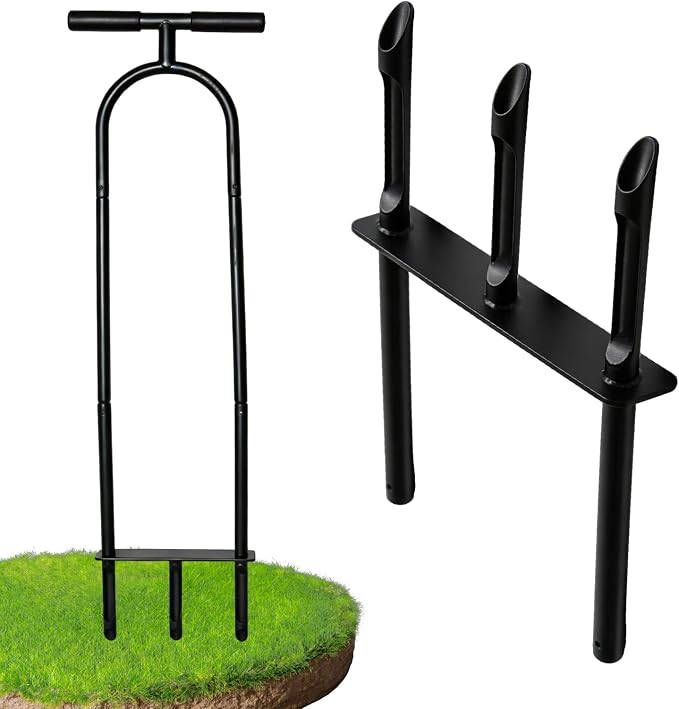 Manual Aerator Lawn Tool – Knee-Friendly Core Aerator for Gardeners with Knee Pain, 3 Hollow Tines for Yard Aeration, Removes Grass Plugs & Loosens Soil to Promote Lawn Health – Black
