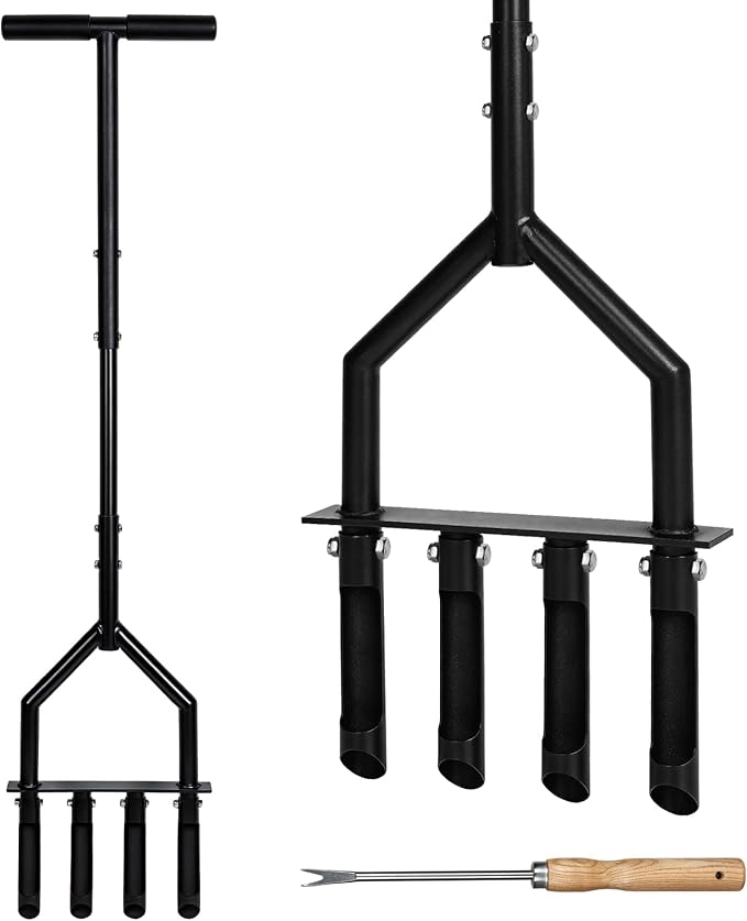 Lawn Core Aerator with 4 Detachable Hollow Tines, Pre-Assembled Manual Plug Aerator Tool with T-Handle & Foot Bar, Grass Soil Aerator for Lawn Yard Aeration & Soil Loosening