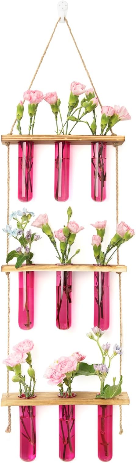 XXXFLOWER Wall Hanging Propagation Station with Wooden Stand 9 Test Tubes Vases Tiers Planters Wall Terrarium for Home Office Plant Hanger Flower Vases Wall Decor Hydroponic Cuttings(Pink)