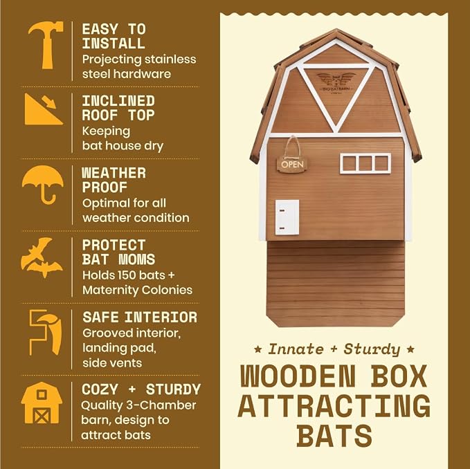 WildYard Big Bat Barn - 3-Chamber, Large Bat House - Brown, Cedar - Weather-Resistant Ventilation & Wildlife Shelter - Textured Landing Pad & Wall-Mount Roost Kit