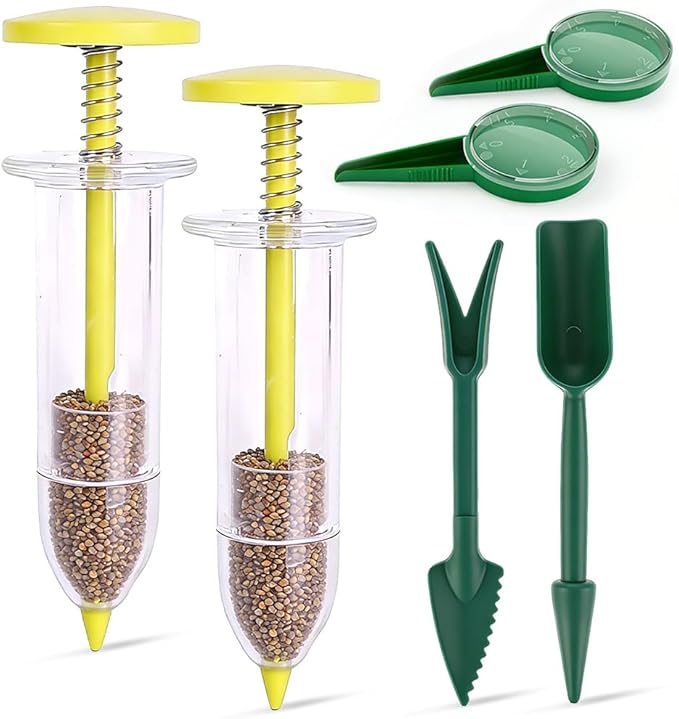 Mini Seed Spreader, 2026 New Seed Planter Tool Manual Seedlings Dibber and Widger Set, Sowing Seed Dispenser with 5 Speeds for Tiny Seeds (Yellow,6Pcs)