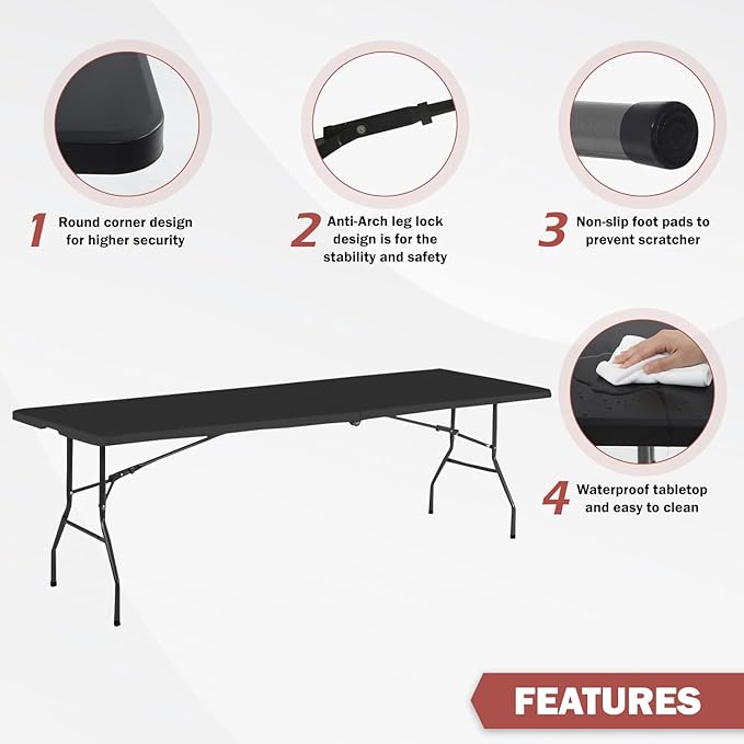 PayLessHere | 8FT Folding Table | Portable Plastic Table with Carry Handle | Waterproof & Foldable Table Design | Steel Frame with Lock | Black | for Events, Camping, Indoor & Outdoor Use