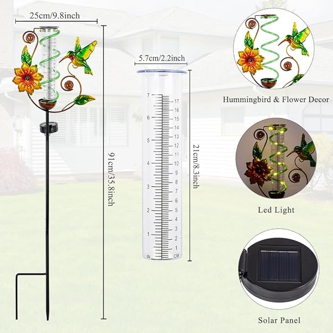 Rain Gauge Outdoor, Solar Rain Gauges for Yard, Hummingbird Freeze Proof Rain Gauge with 7" Plastic Tube, Metal Decorative Water Gauge with Led Light