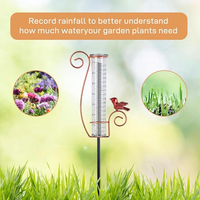 Cardinal Rain Gauge Outdoor, 7 Inch Metal Rain Gauges for Measuring Precipitation, Patio, Garden Yard Decor